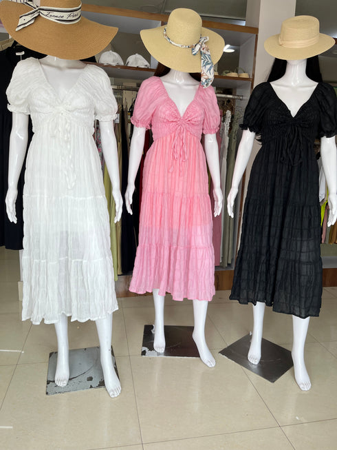 Puff Sleeves Ruched Long Maxi Dresses